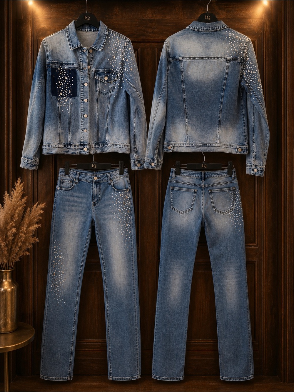 Denim Jacket & Jeans Set with Rhinestone Accent - Blue